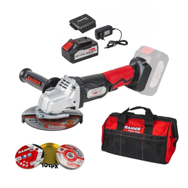 RAIDER R20 combo-01 Γωνιακός τροχός με φορτιστή & μπαταρία 4Ah/1h δίσκοι 10τεμ. & τσάντα 10-6623