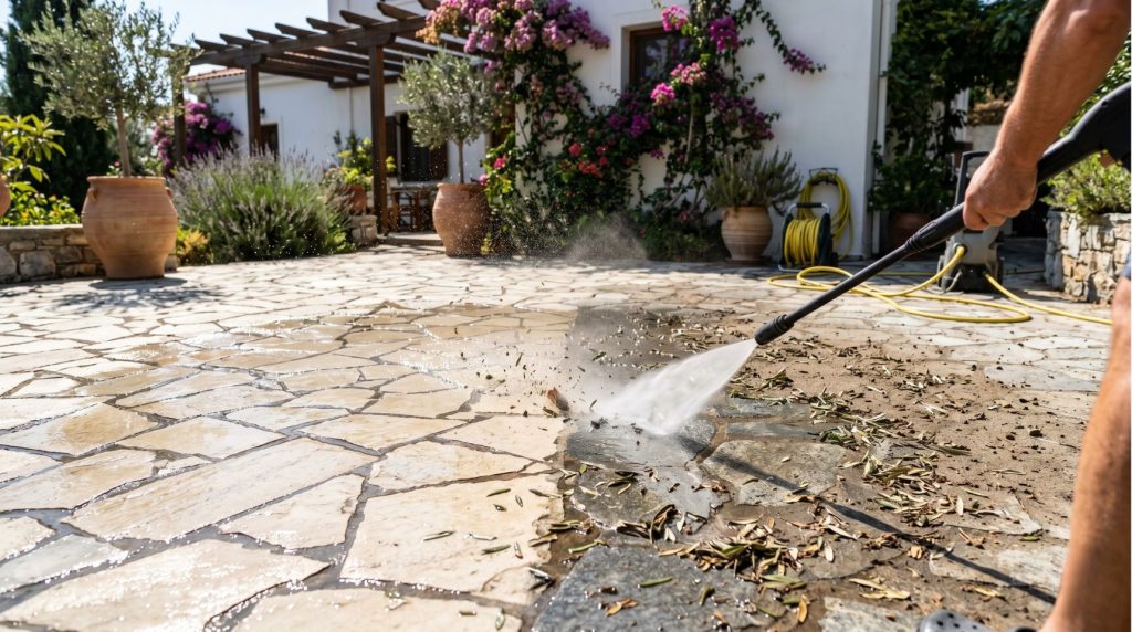 Καθαρισμός αυλής με πλυστικό μηχάνημα για προετοιμασία καλοκαιριού
