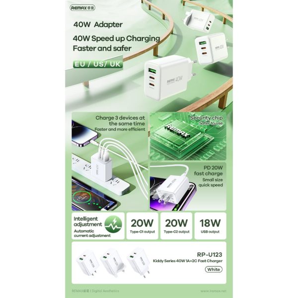 ΦΟΡΤΙΣΤΗΣ REMAX Kiddy Series Fast Charge RP-U123 40W,1A+2C Λευκό χωρις καλώδιο 6954851209515-1