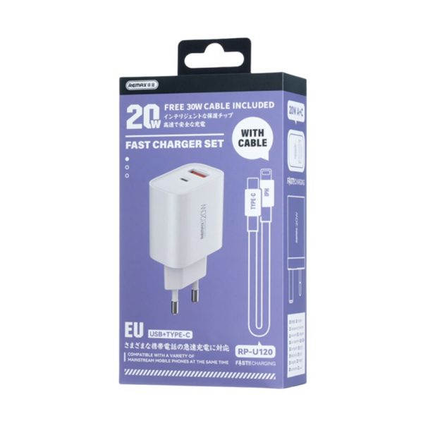 ΦΟΡΤΙΣΤΗΣ REMAX Fast Charger RP-U120 20W με USB-A+USB-C με Καλώδιο Lightning 1m Λευκό με καλώδιο 6954851245810-1