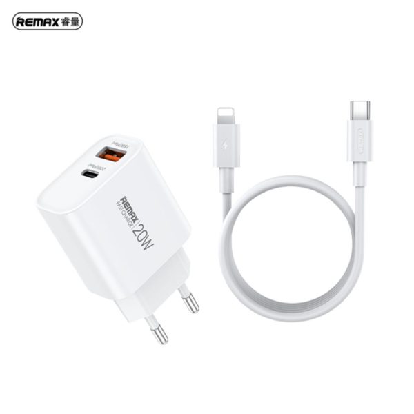 ΦΟΡΤΙΣΤΗΣ REMAX Fast Charger RP-U120 20W με USB-A+USB-C με Καλώδιο Lightning 1m Λευκό με καλώδιο 6954851245810