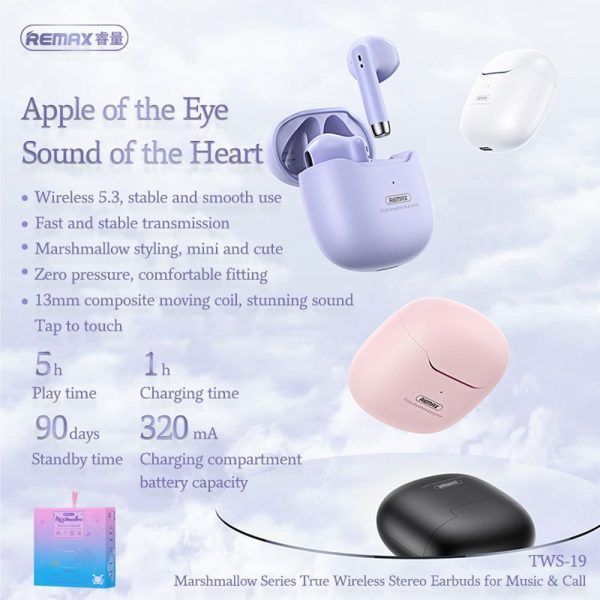 ΑΚΟΥΣΤΙΚΟ Bluetooth Remax Marshmallow Series TWS-19 ΛΕΥΚΟ 6954851200314-1